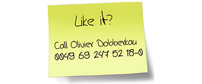 Graphic: Sticky note with text: ‘Like it? Call Olivier Dobberkau, 0049 69 247 52 18-0’